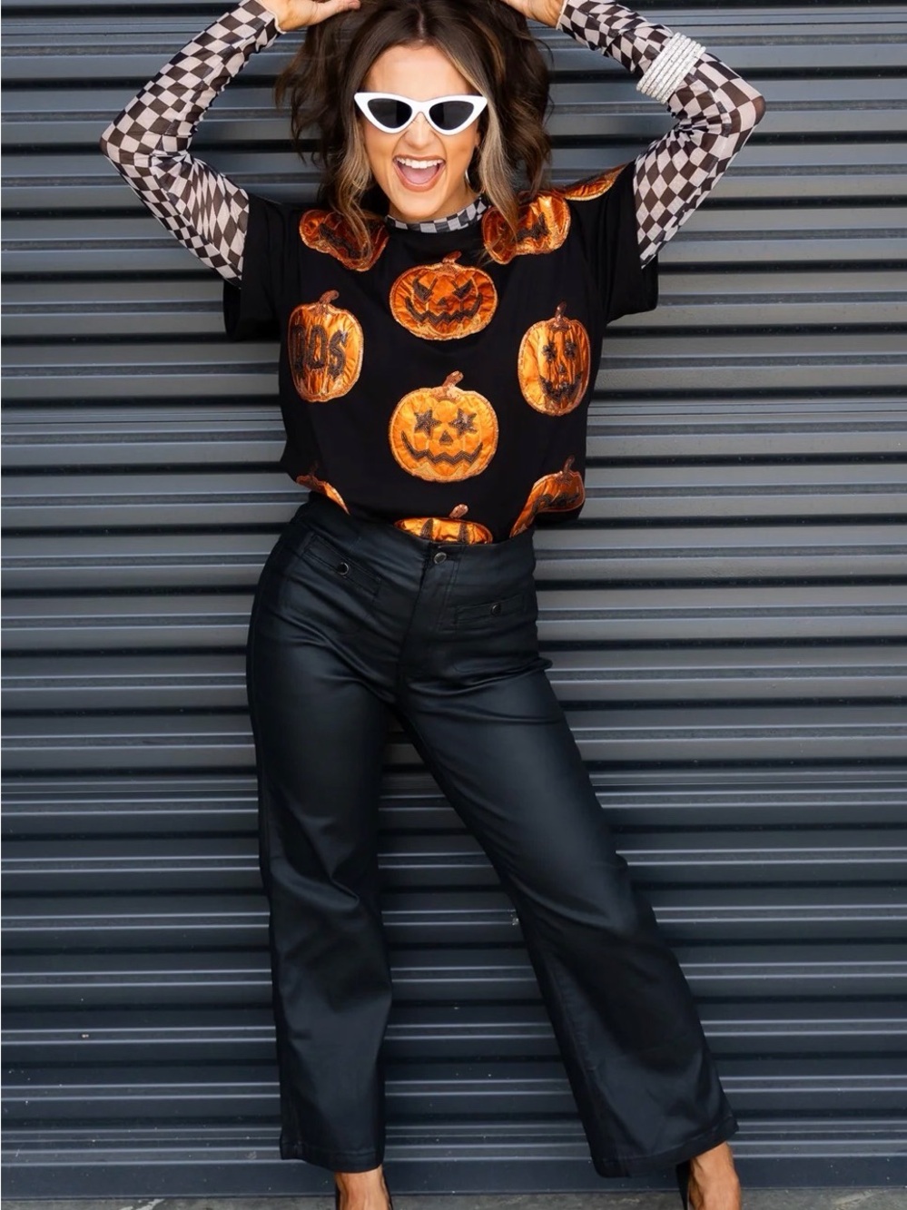 QUEEN OF SPARKLES Black Tee with Orange Pumpkin Print